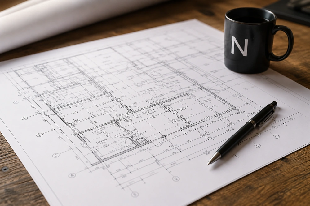 Plans d'architecture déroulés sur une table de travail avec crayon et instruments de dessin