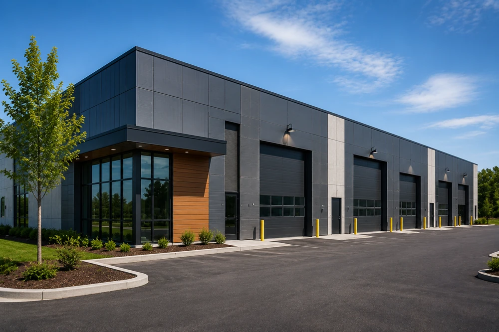 Rangée d'unités industrielles avec portes de garage, bâtiment conçu pour occupation locative