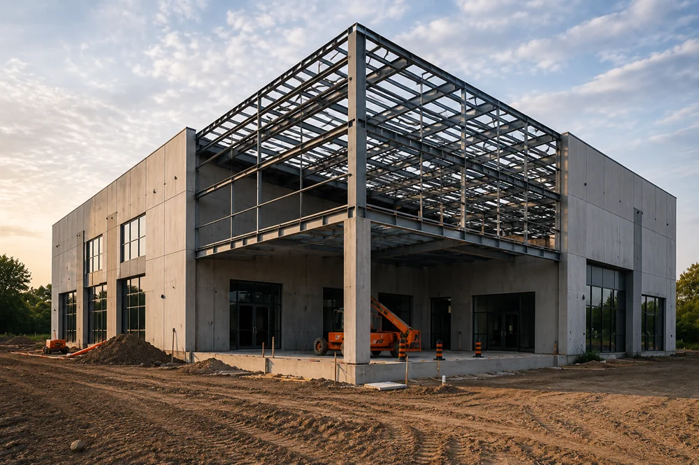 Ossature d'acier d'un bâtiment industriel en cours de montage sur le chantier