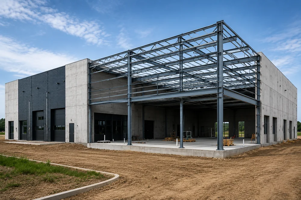Structure d'acier d'un bâtiment industriel en cours de construction, projet offert à la vente