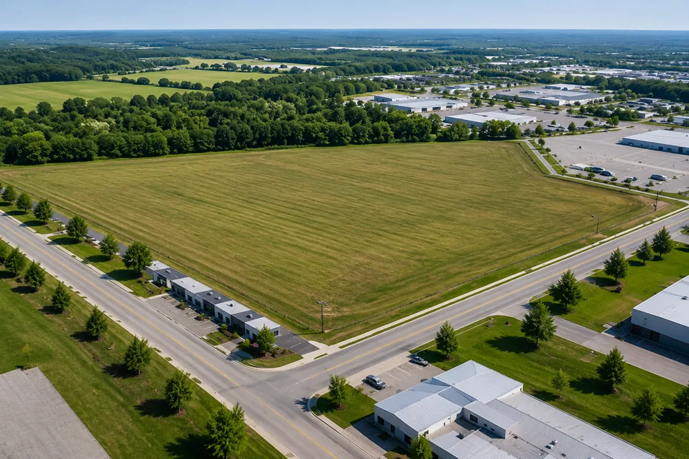 Vue aérienne d'un terrain vacant prêt à bâtir en bordure d'un parc industriel